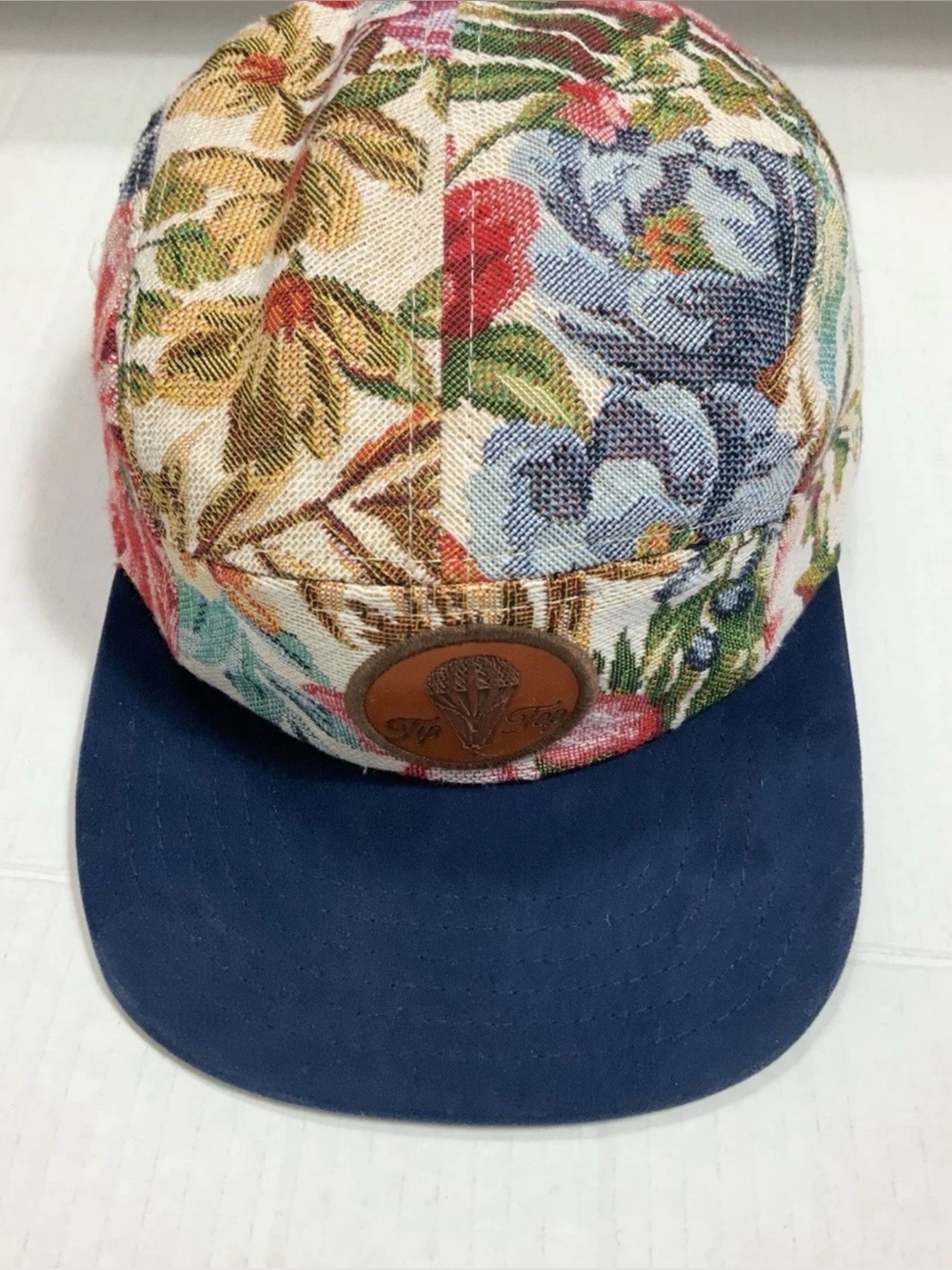 Lower Park Floral Tapestry 5 Panel Cap Blue Suede Brim Leather Back Strap Hat